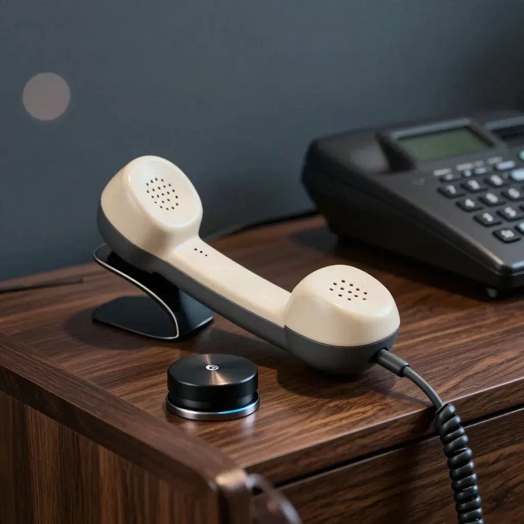Sluchátka, sluchátko telefonu a tlačítko ztlumení na tmavém dřevě v dramatickém světle.